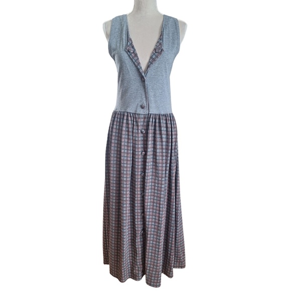 Vtg Y2K Retro Grunge KWBL Los Angeles Cottagecore Maxi Dress Sz L Gray Plaid - Picture 1 of 8